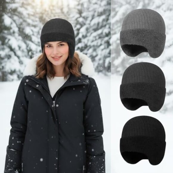 Fleece Lined Knit Beanie Earflap Hat Unisex Warm Winter Skull Cap
